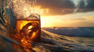 A refreshing drink in a glass sits on a wave, with the sun setting in a vibrant orange glow, creating a tranquil mood.